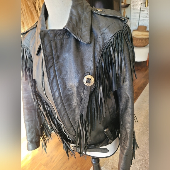 Veducci Vintage Edgy Black Leather Fringe Western Jacket - Picture 2 of 7